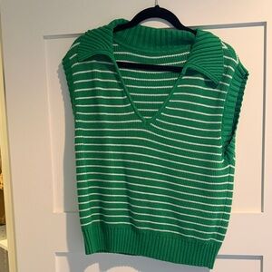 Green and White Soft Collared and Sleeveless Women's Sweater